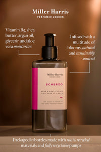 Miller Harris Scherzo Hand and Body Lotion 300ml – Shea Butter, Argan Oil, Glycerin, Aloe Vera & Vitamin B5 | Bold & Vibrant Scent for Nourishing Skin