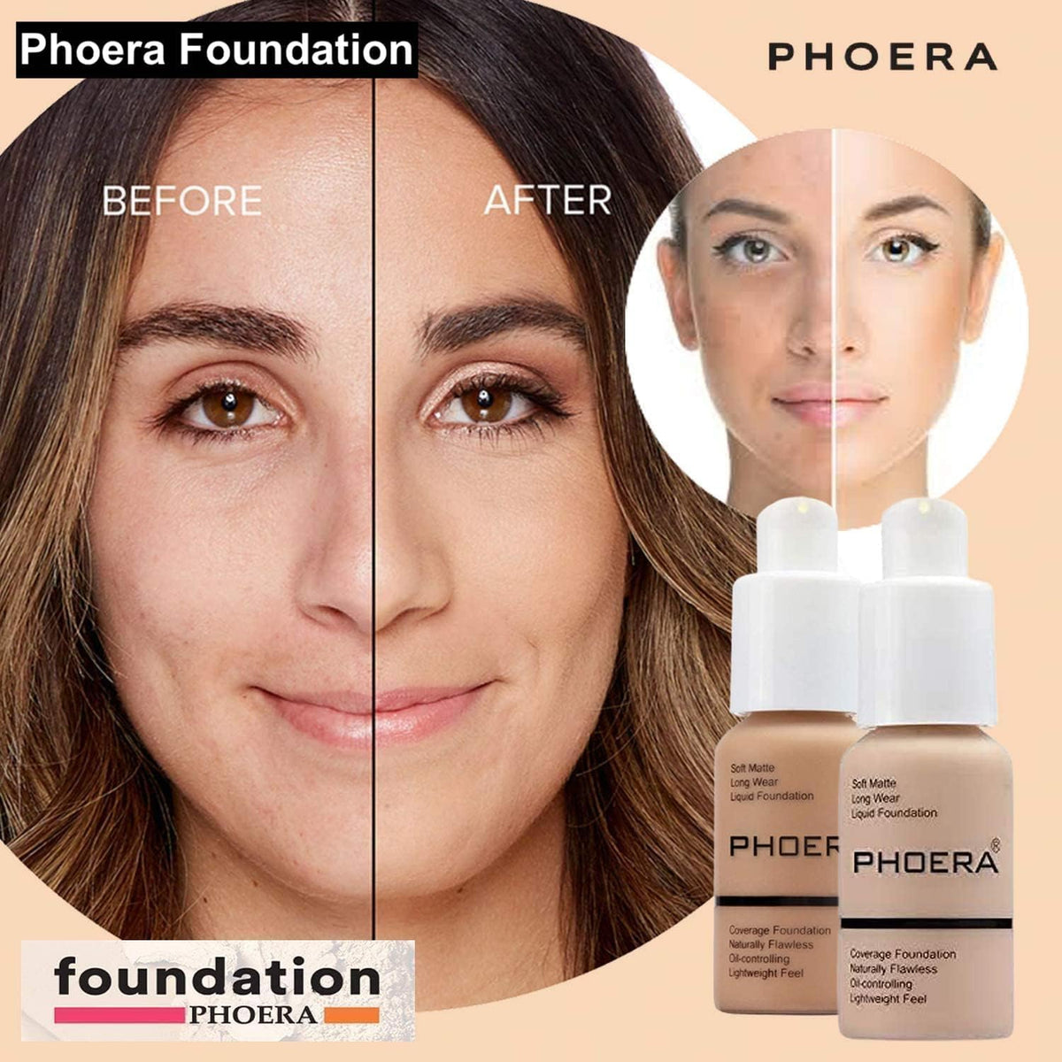 Glamza Phoera Foundation Full Coverage Makeup Set - Includes Nude & Buff Beige 30ml Matte Foundation, 6ml Face Primer & Cool Beige Setting Powder for All Day Wear Without Creasing, Caking, or Flashback