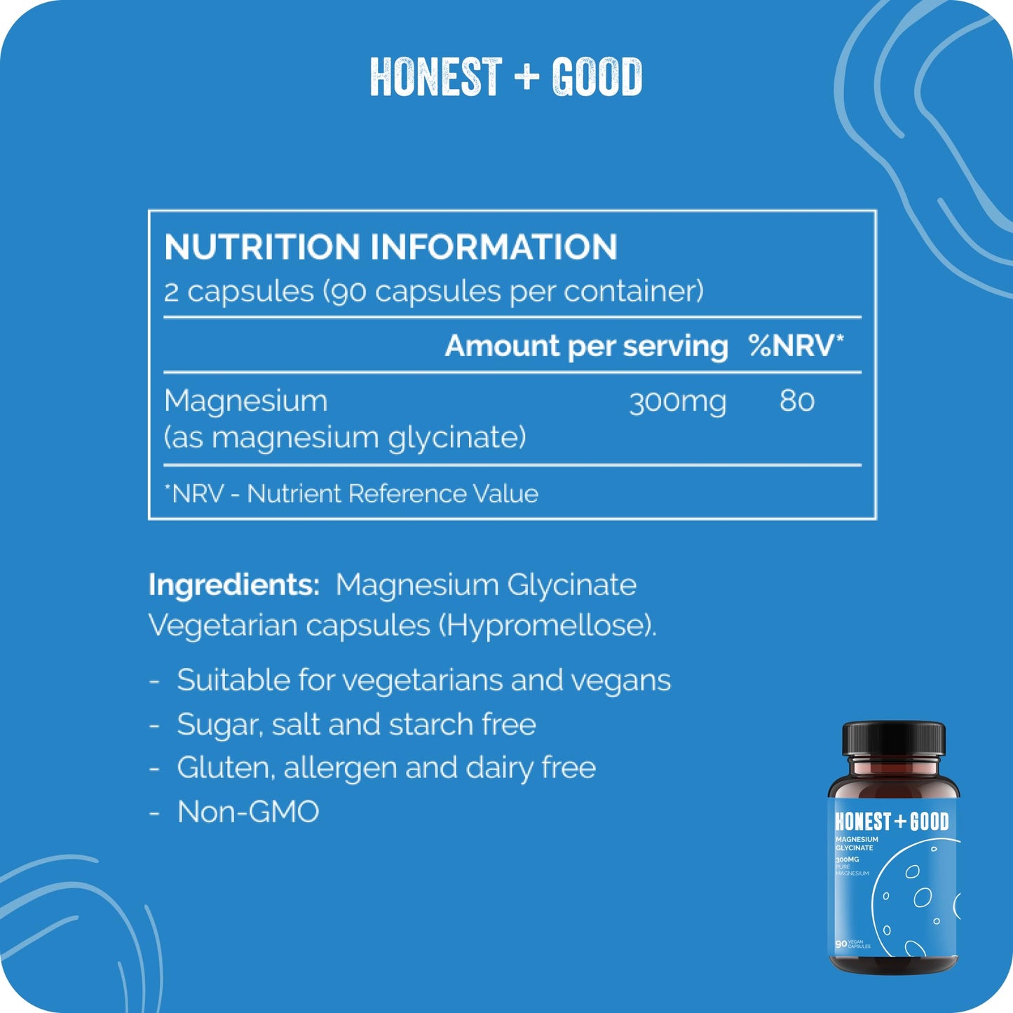 Honest + Good Magnesium Glycinate 750mg Capsules | 150mg Elemental | 3 Month Supply | High Strength & Absorption Supplement | Pure & Natural Vegan Ingredients with No Fillers | Small Batch & UK Made