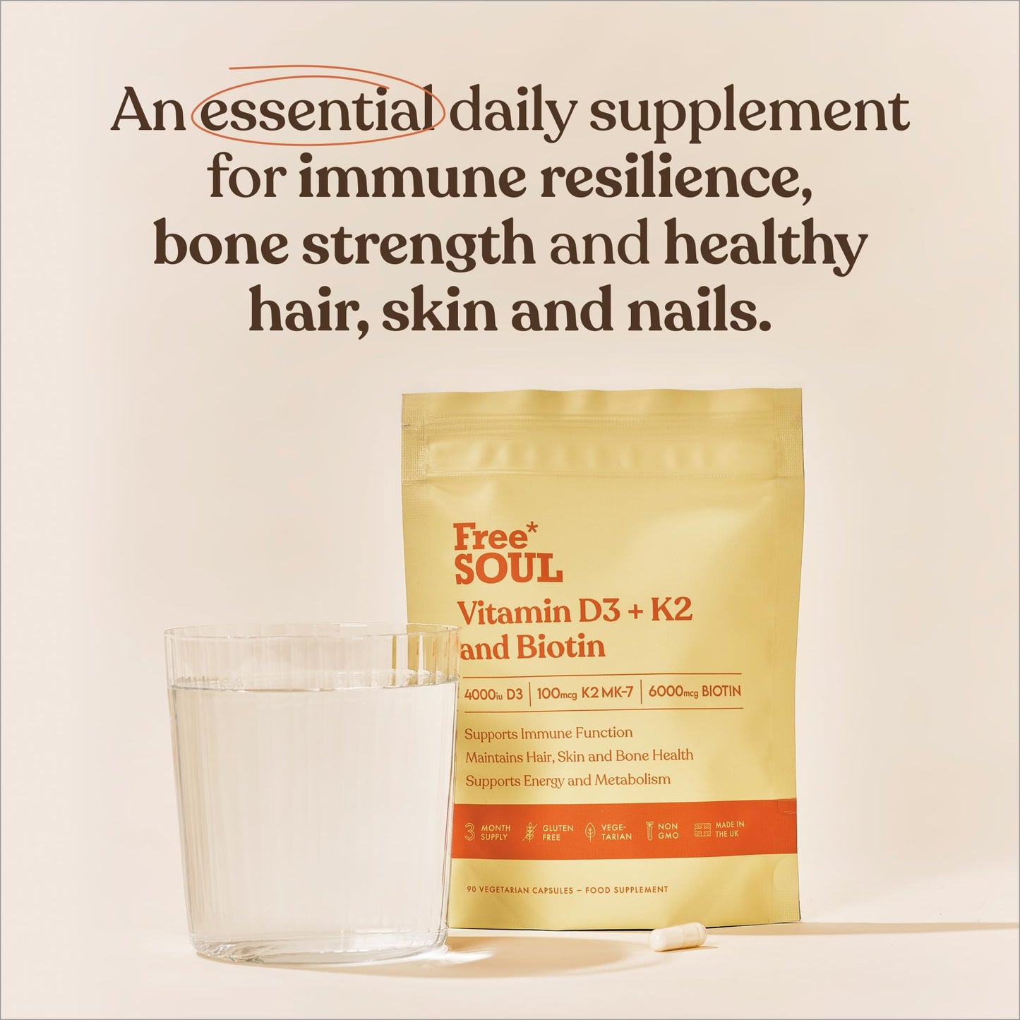 Vitamin D3 + K2 and Biotin, 3 in 1 Complex | High Strength D3 4000IU, K2 MK-7 & Biotin 6000mcg | Immunity, Heart, Hair, Skin, Nails, Support | UK Made | Lab-Tested | 90 Capsules | Free Soul