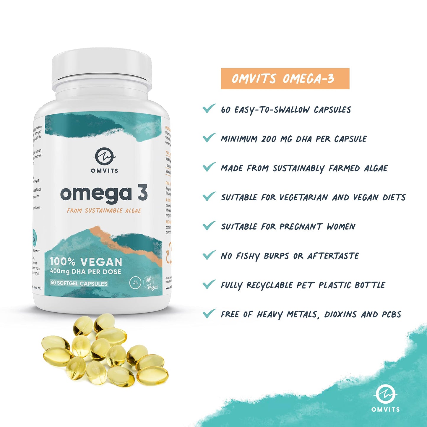 Omvits Vegan Omega 3 DHA from Algae Oil 1000mg - 60 Softgel Capsules with Vitamin E - Sustainable Algal Alternative to Fish Oil - Vegetarian Essential Fatty Acids - Supports Heart, Brain & Eyes