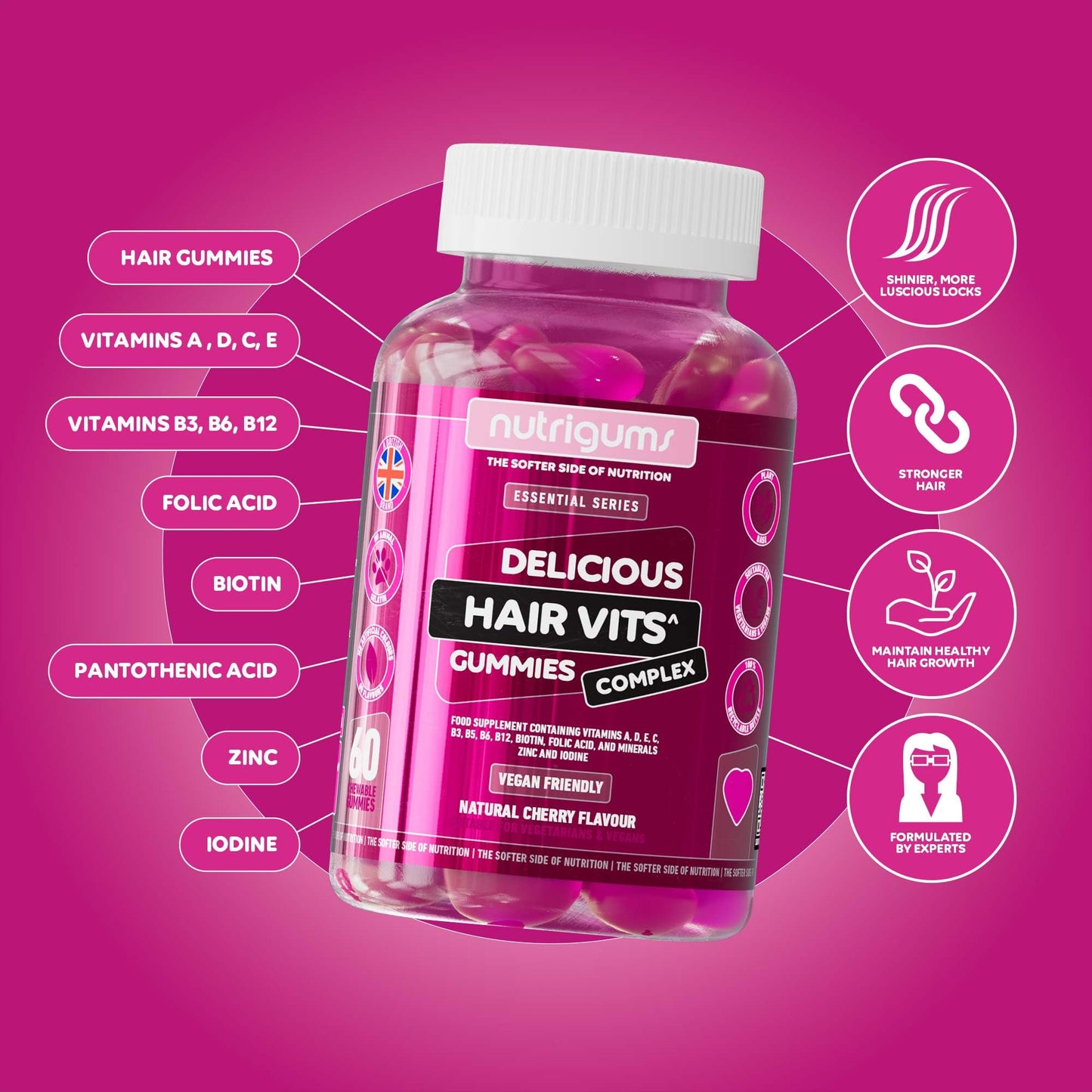 Nutrigums Hair Vitamin Biotin Complex Gummy | 12 Essential Vitamins containing Biotin, Vitamin C, Folic Acid and Zinc | Cherry Flavour | 60 Vegan Gummies | Maintain Healthy Hair Growth by NUTRIGUMS®