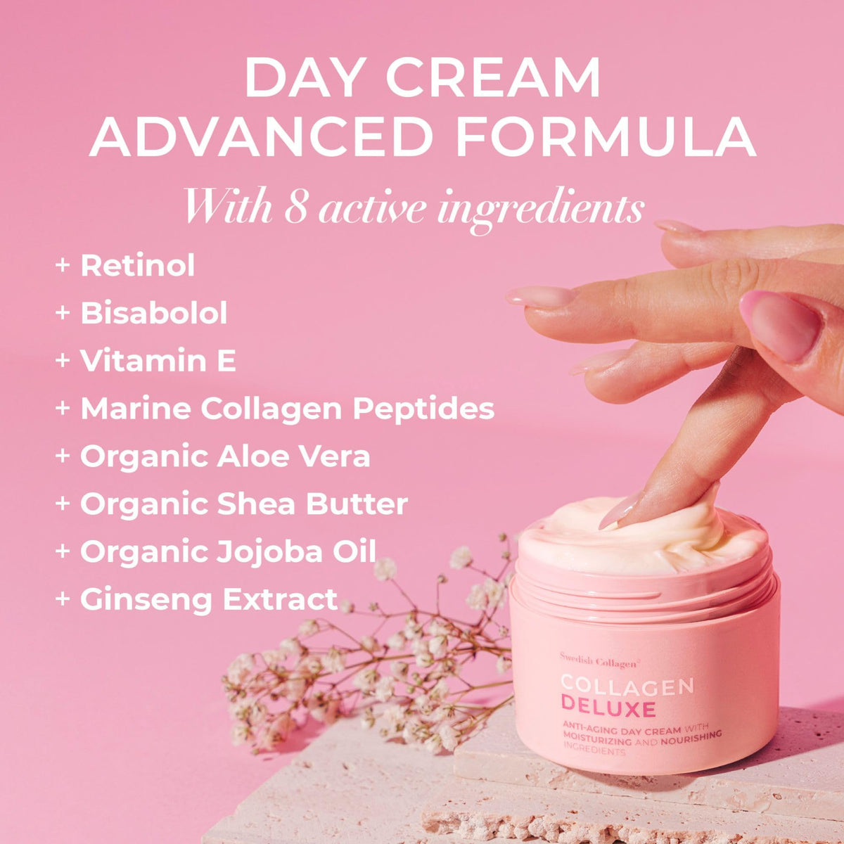 Swedish Collagen Deluxe, 50 ml | Anti-Aging Day Cream with Retinol, Collagen Peptides, Vitamin E and Aloe Vera | Skin Treatment and Face Moisturiser for Hydration and Skin Health