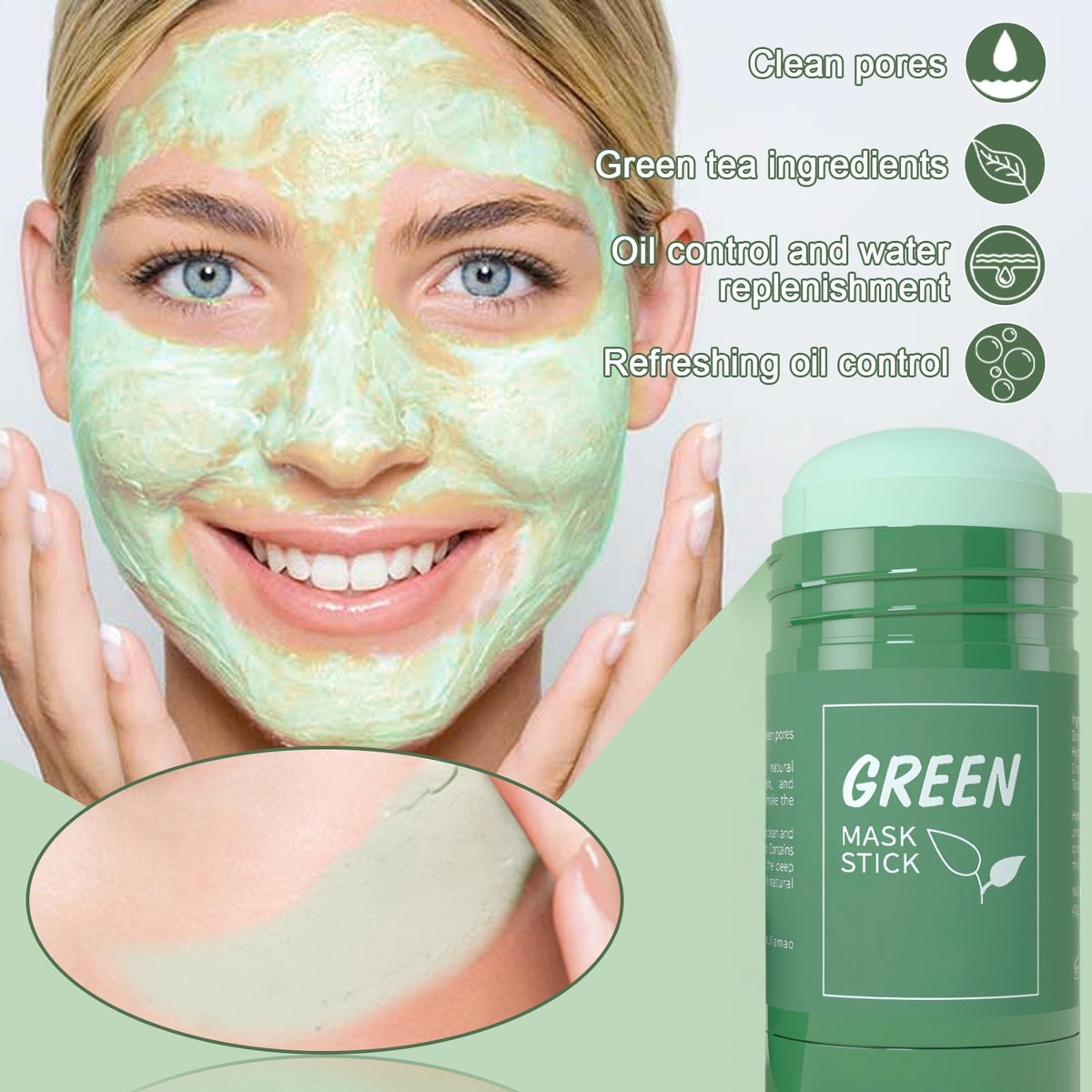 OunTechGlory 2PCS Green Tea Deep Cleanse Mask Stick, Deep Cleansing & Blackhead Remover, Green Tea Face Mask Stick, Moisturizes & Purifies Skin for Men & Women, Deep Cleansing Facial Pores for Skin