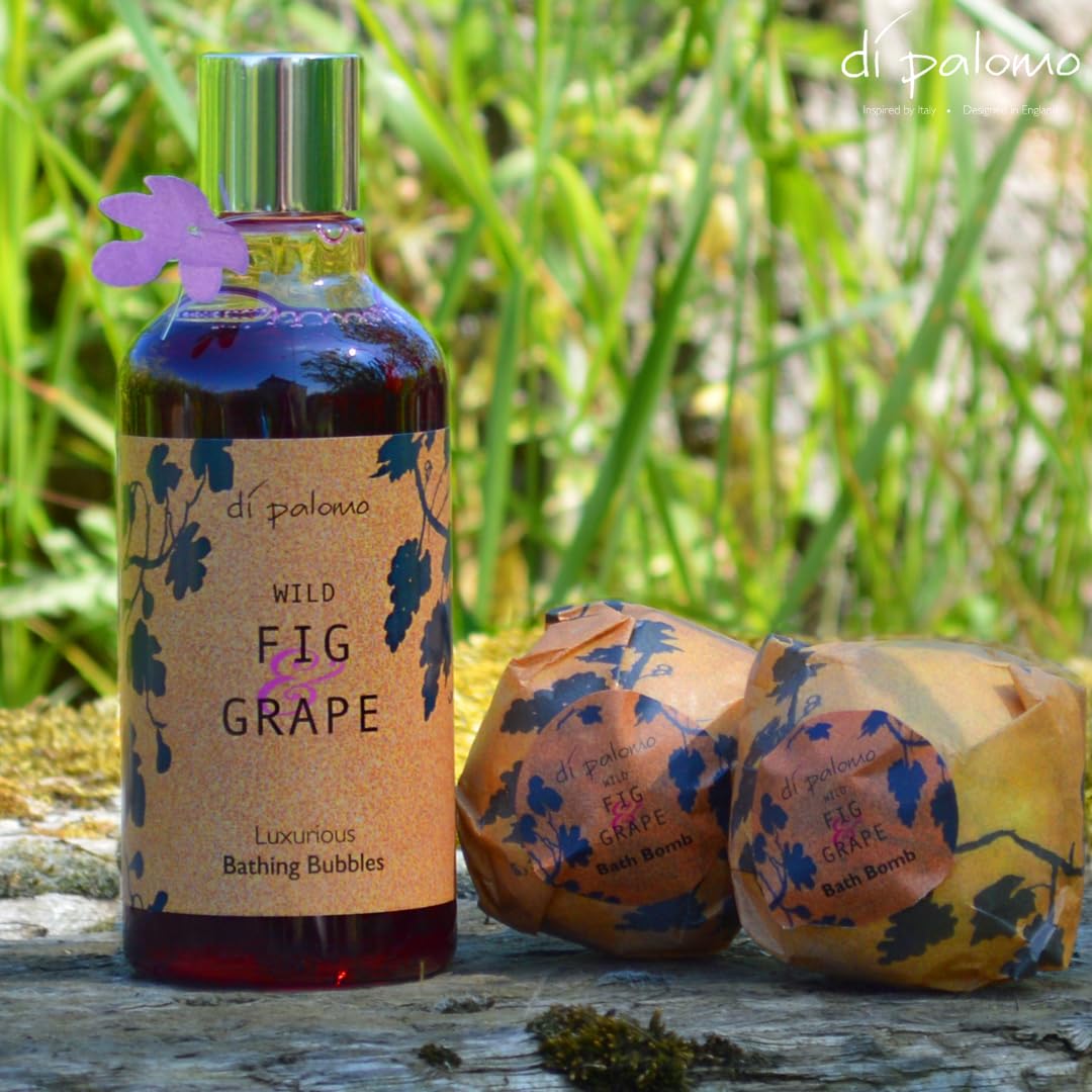 Di Palomo Vegan Wild Fig & Grape Indulgent Luxury Bathing Collection. Bathing Bubbles 300ml & 2 Bath Bombs. Bubble Bath Body Wash & Bath Bomb Bath Set. Vegan Bubble Bath & Shower Gel Gifts for Women.