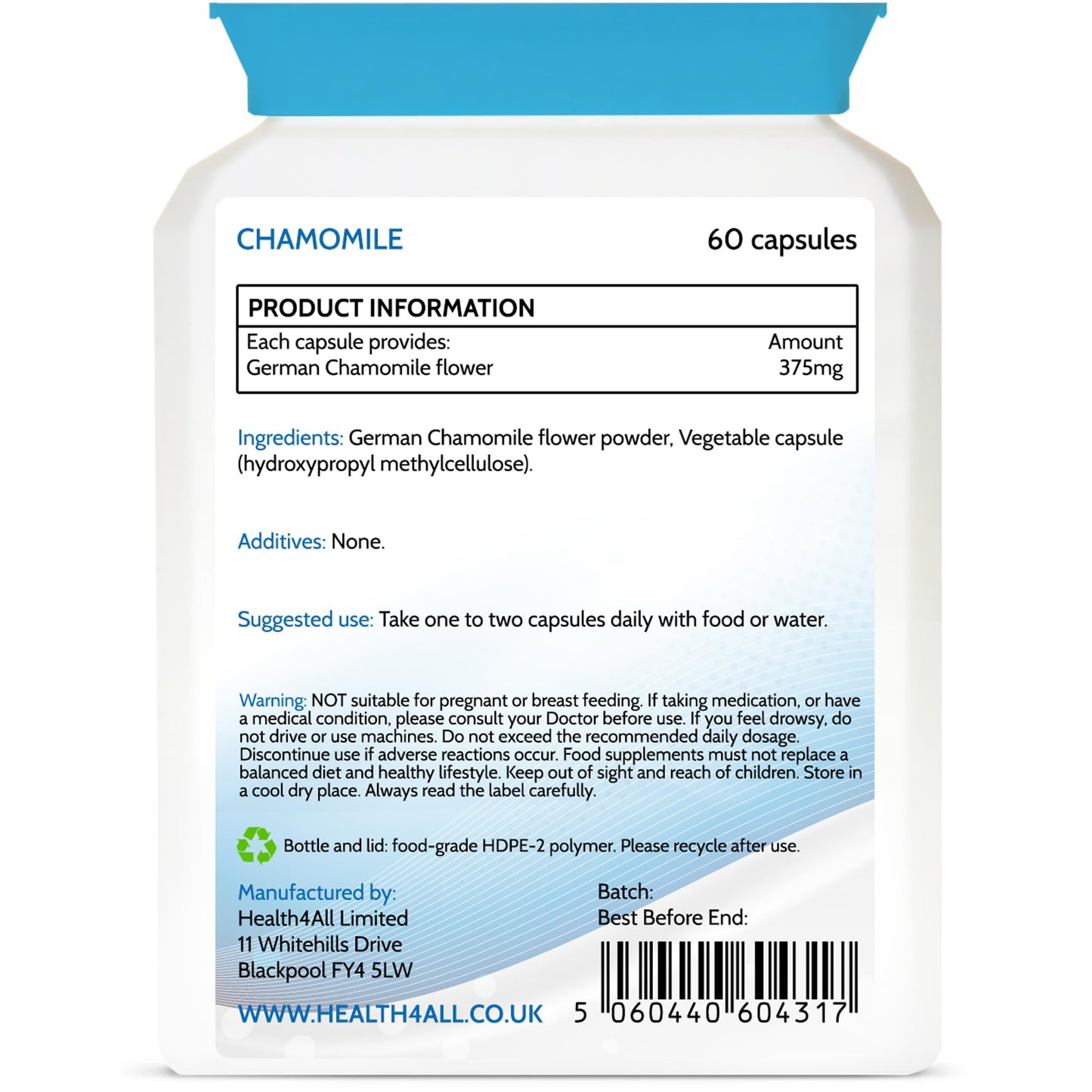 Health4All Chamomile 375mg, 60 Capsules 2 Months Supply, Purest Anxiety, Stress, Sleep and Digestive Health Supplement, Vegan Matricaria Recutita Flower Powder (not Extract) Capsules | Made in UK