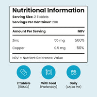 Zinc Supplements with Copper for Men & Women | 50mg Daily | 400 Tablets | 6+ Months | Contributes to Maintenance of Normal Testosterone Levels, Fertility and Reproduction & Metabolism | VitaBright