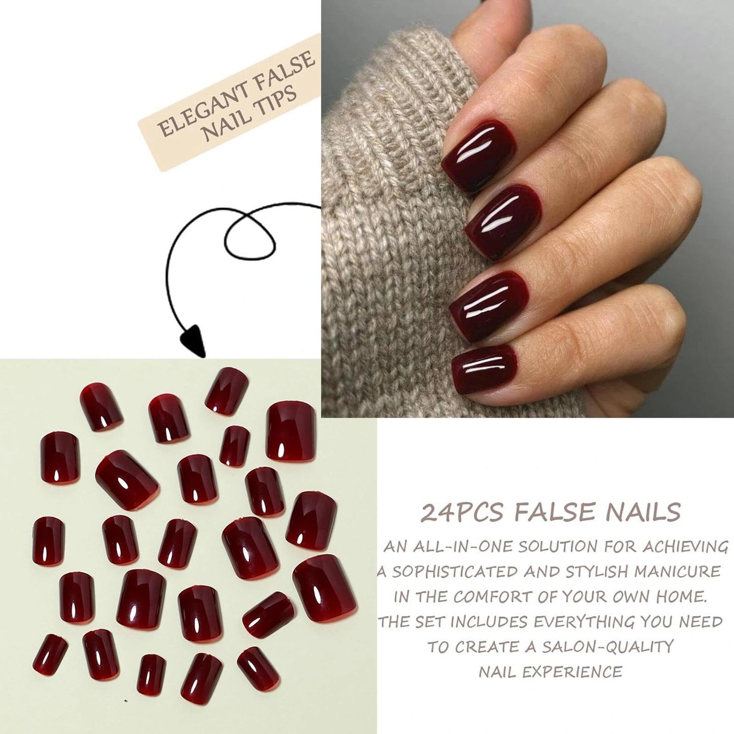 Coloroom False Nails – 24PCS Burgundy Square Short Fake Nails - Glossy Full Coverage, Includes Tool for Easy Nail Art – Perfect Nail Art for Women