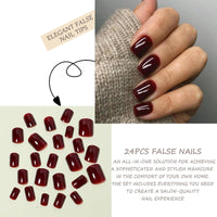 Coloroom False Nails – 24PCS Burgundy Square Short Fake Nails - Glossy Full Coverage, Includes Tool for Easy Nail Art – Perfect Nail Art for Women