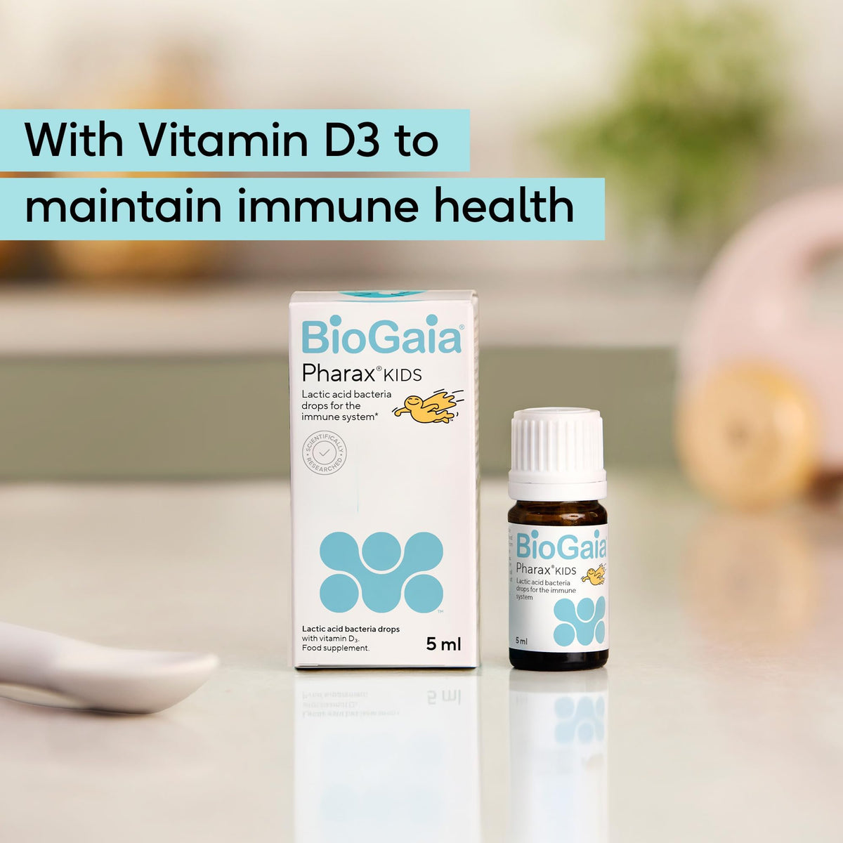 BioGaia Pharax Kids Drops with Vitamin D | Probiotic Supplement for Children & Toddlers | Immune Support with 100 Million Live L. Reuteri Probiotics | Features LongevityGuard | 5 ml