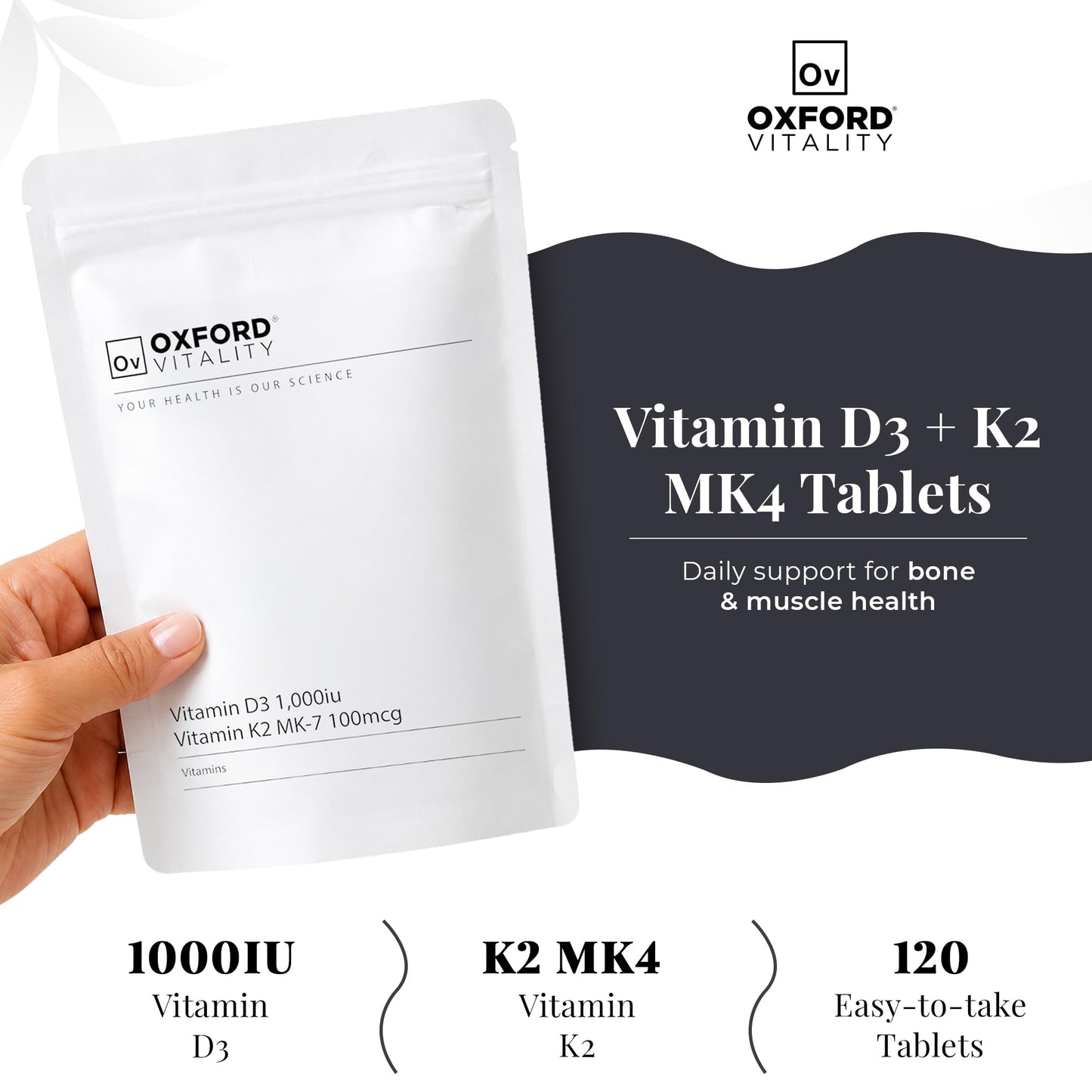 Ov OXFORD VITALITY Oxford Vitality Vitamin D3 1000IU & K2 MK7 Tablets | Bone Support Supplement | Easy to Swallow Daily Vitamin D and K2 Tablets | Pack of 120