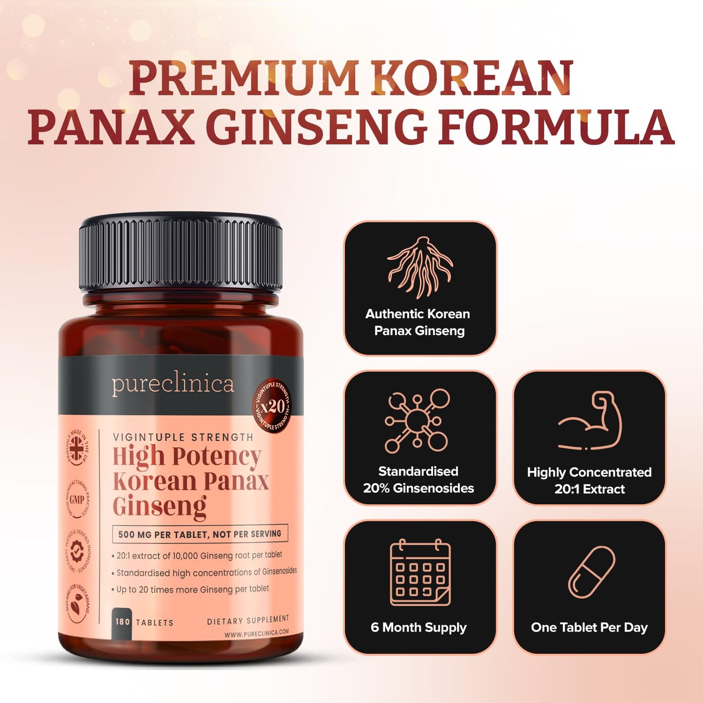Pureclinica High Potency Korean Panax Ginseng 10,000mg x 720 Tablets (4 Bottles of 180)- 2 Years Supply