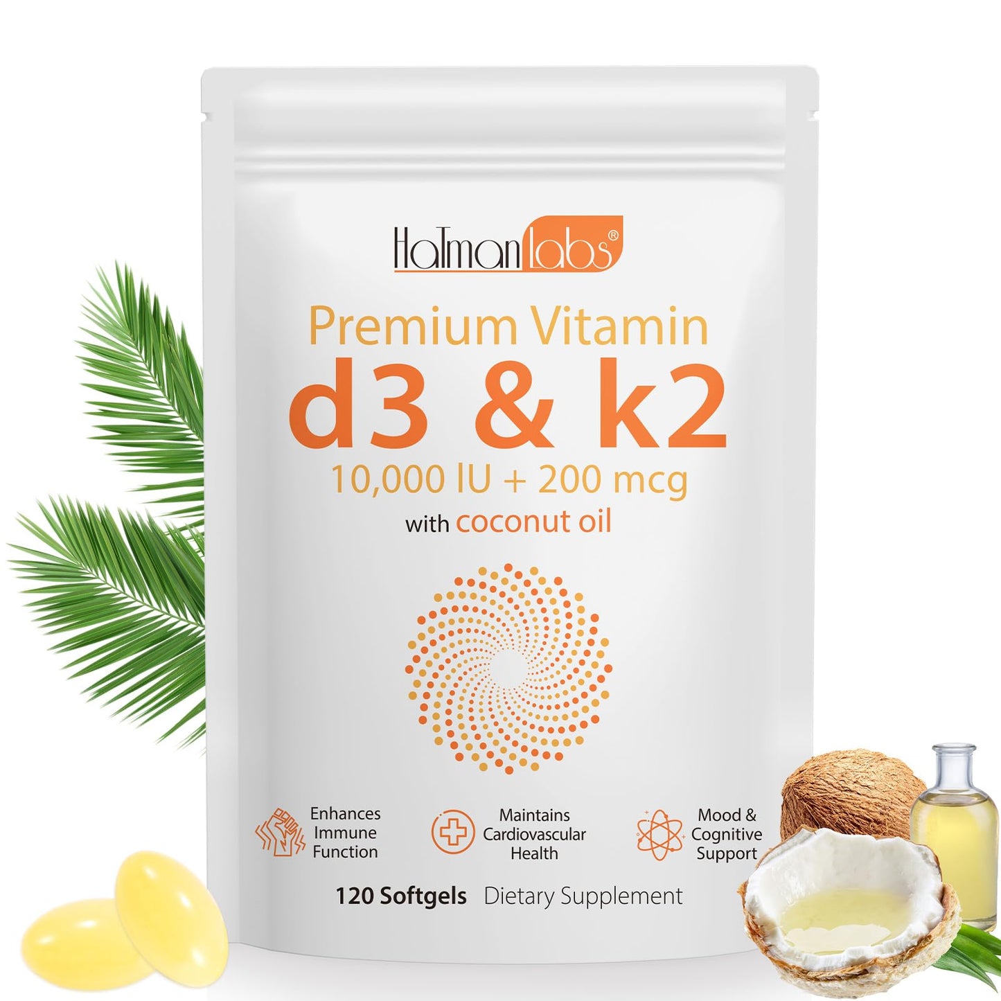 mysemgshuo 120 Count Vitamin D3& Vitamin K2, Vitamin D3 K2 Softgel (MK-7), Vegan Vitamin D3 K2 Supplement, Free of GMO, Gluten, Soy (B)