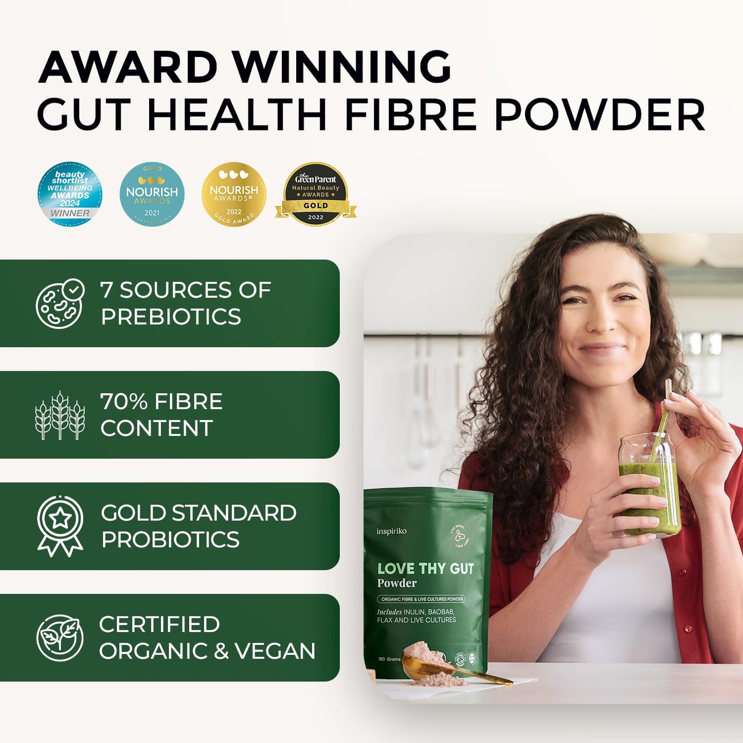 Inspiriko Organic Prebiotics for Gut Health - Award-Winning 10-in-1 Gut Health Powder with Superfoods, Inulin, Probiotics and Prebiotics. No Added Sugar, Made in UK, 180 Grams