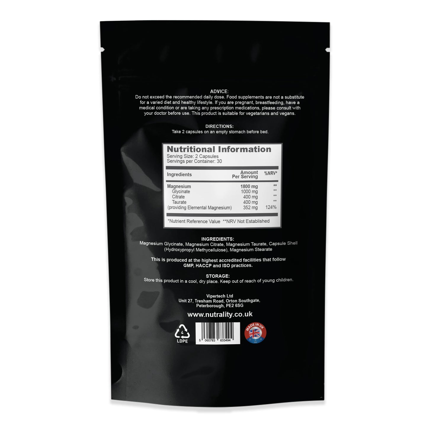 Nutrality Magnesium 3-in-1 Complex Food Supplement | 1800mg High Absorption Glycinate, Citrate and Taurate | 352mg Elemental Magnesium | Muscle, Sleep & Nerve Support | Made in UK | 60 Vegan Capsules