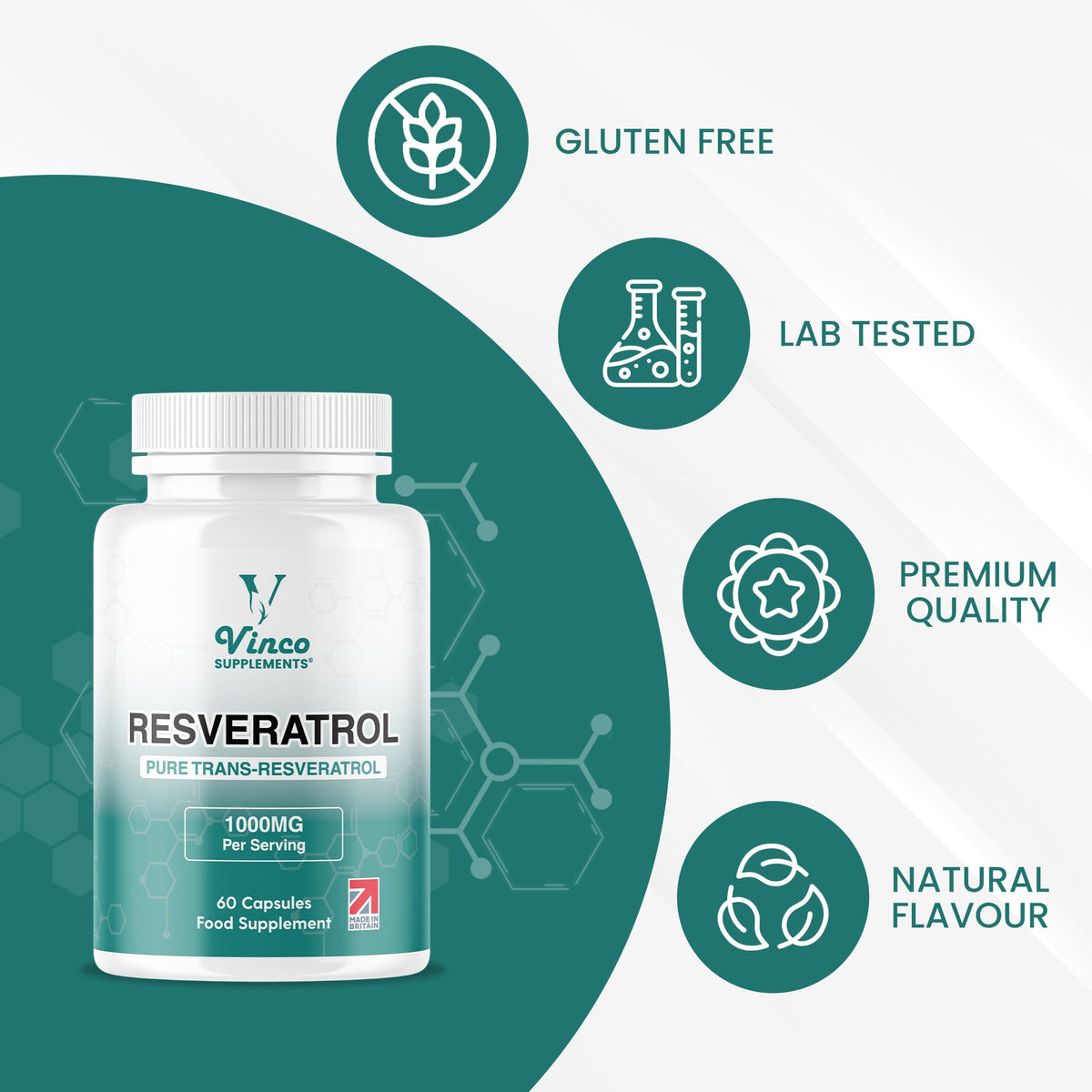 Vinco Supplements Vinco Resveratrol 1000mg, 60 Capsules - 100% Pure Trans-Resveratrol Supplement for Cellular Health and Cardiovascular Wellness - Non-GMO & Gluten Free - Made in The UK