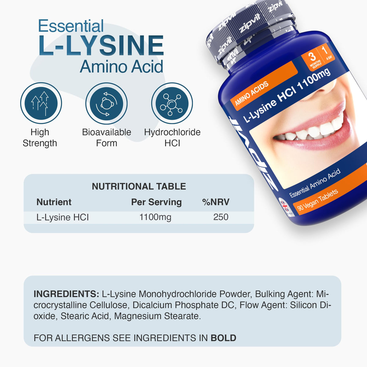 Zipvit L Lysine 1100mg, 90 Vegan Lysine Tablets, High Strength Essential Amino Acid Supplement, 3 Month Supply for Daily Wellness Support