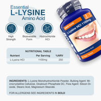 Zipvit L Lysine 1100mg, 90 Vegan Lysine Tablets, High Strength Essential Amino Acid Supplement, 3 Month Supply for Daily Wellness Support