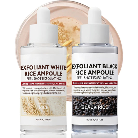 EliiSkinn 2psc Face Exfoliator Peel Shot Glow Rice Ampoule Duo - White Rice & Black Rice - Face & Body Exfoliator for All Skin Types, Pore Minimizer & Dead Skin Remover