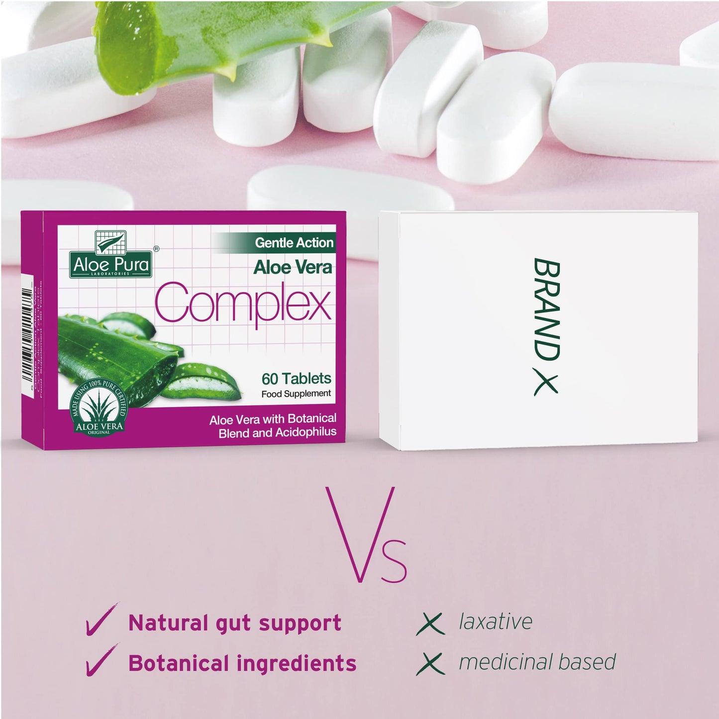 Aloe Pura Aloe Vera Gentle Action Complex Tablets, Natural, Vegetarian, Cruelty Free, Food Supplement, Botanical Blend, 60 Tablets