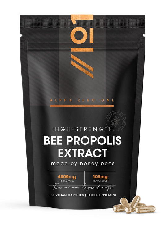ALPHA01 Bee Propolis Extract 4800mg – Standardised 108mg Flavonoids – 180 Vegan Capsules – High Strength Propolis Supplement - Resealable and Recyclable Pouch by Alpha01