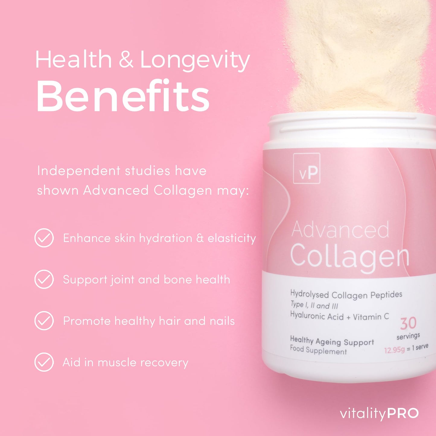 vP Vitality Pro Advanced Collagen with Hyaluronic Acid - 12.95g x 30 Servings - Type 1 2 3 - Vitality Pro Hydrolysed Collagen Peptides Supplement - 375 Grams