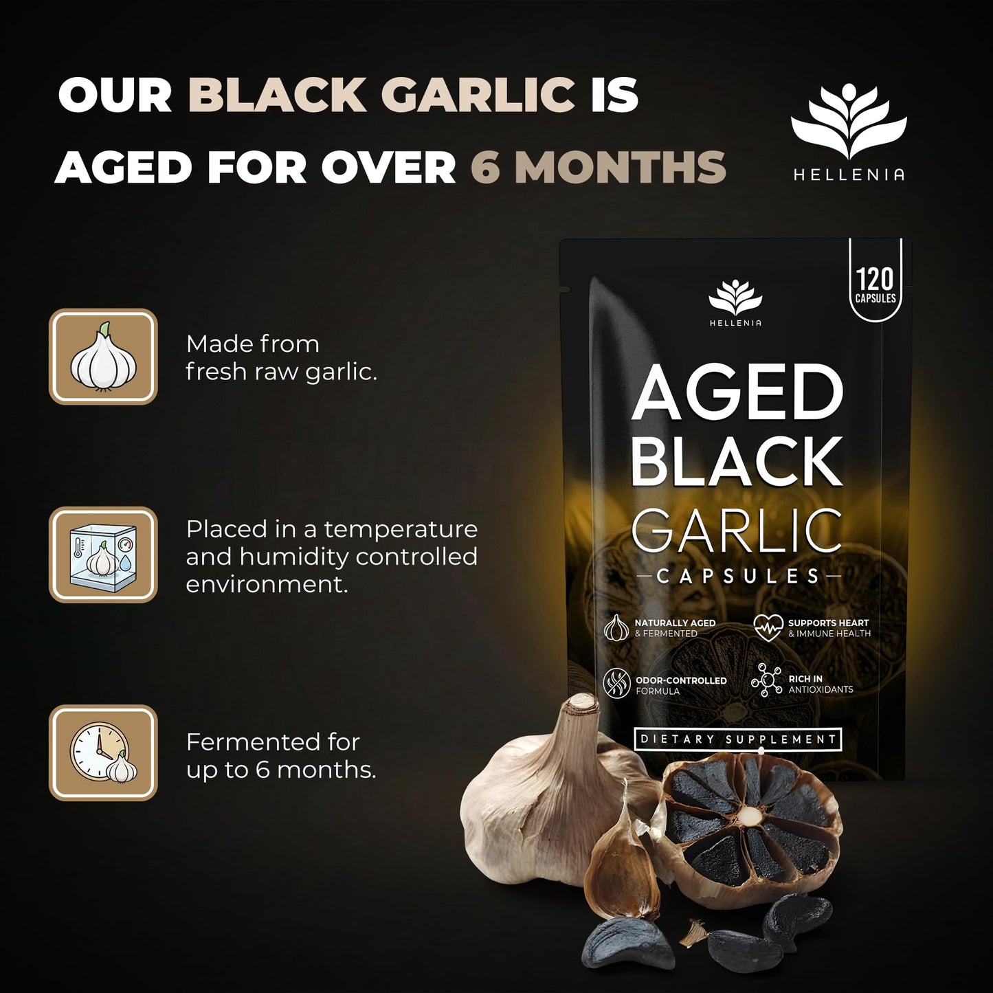 Aged Black Garlic 12,000mg - 120 Capsules | Black Garlic Bulb Extract 100:1 | Aged for Over 6 Months | Antioxidant and Cholesterol Support | Gluten Free - Made in the UK by Hellenia