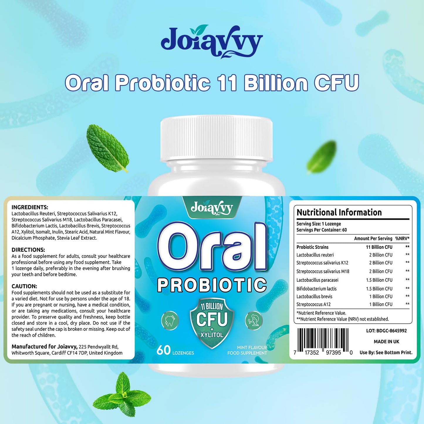 Joiavvy Oral Probiotics 11 Billion CFU, 7-in-1 Dental Probiotic with BLIS K12 & M18, Fast-Dissolving Lozenges for Fresh Breath & Healthy Gums, Sugar-Free, Natural Mint Flavor (60 Count (Pack of 1))
