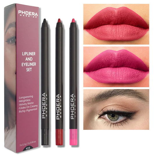 Phoera AQUAPURITY PHOERA® Lip Liner and Eye Liner 3Pcs Set, Long Lasting Eyeliner Pencil, Matte Lip Liner Pencil Set, Easy To Colour, Waterproof Shaping Lip Liner Set for Women and Girls (K04)