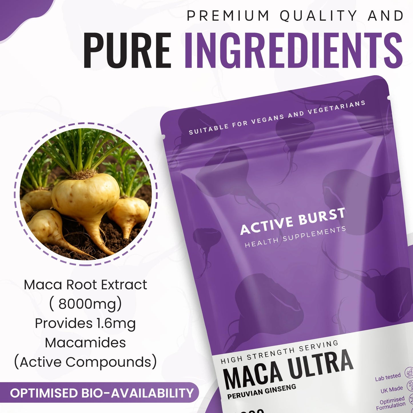 MacaRoot Ultra – Maca Root Capsules 8000mg | Peruvian Ginseng 10:1 Extract | 1.6mg Macamides | Energy, Mood & Hormone Support | Vegan, UK Produced, Lab Tested | 90 Capsules | ActiveBurst Nutrition