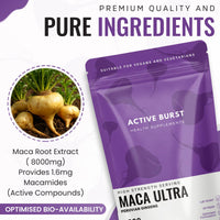 MacaRoot Ultra – Maca Root Capsules 8000mg | Peruvian Ginseng 10:1 Extract | 1.6mg Macamides | Energy, Mood & Hormone Support | Vegan, UK Produced, Lab Tested | 90 Capsules | ActiveBurst Nutrition