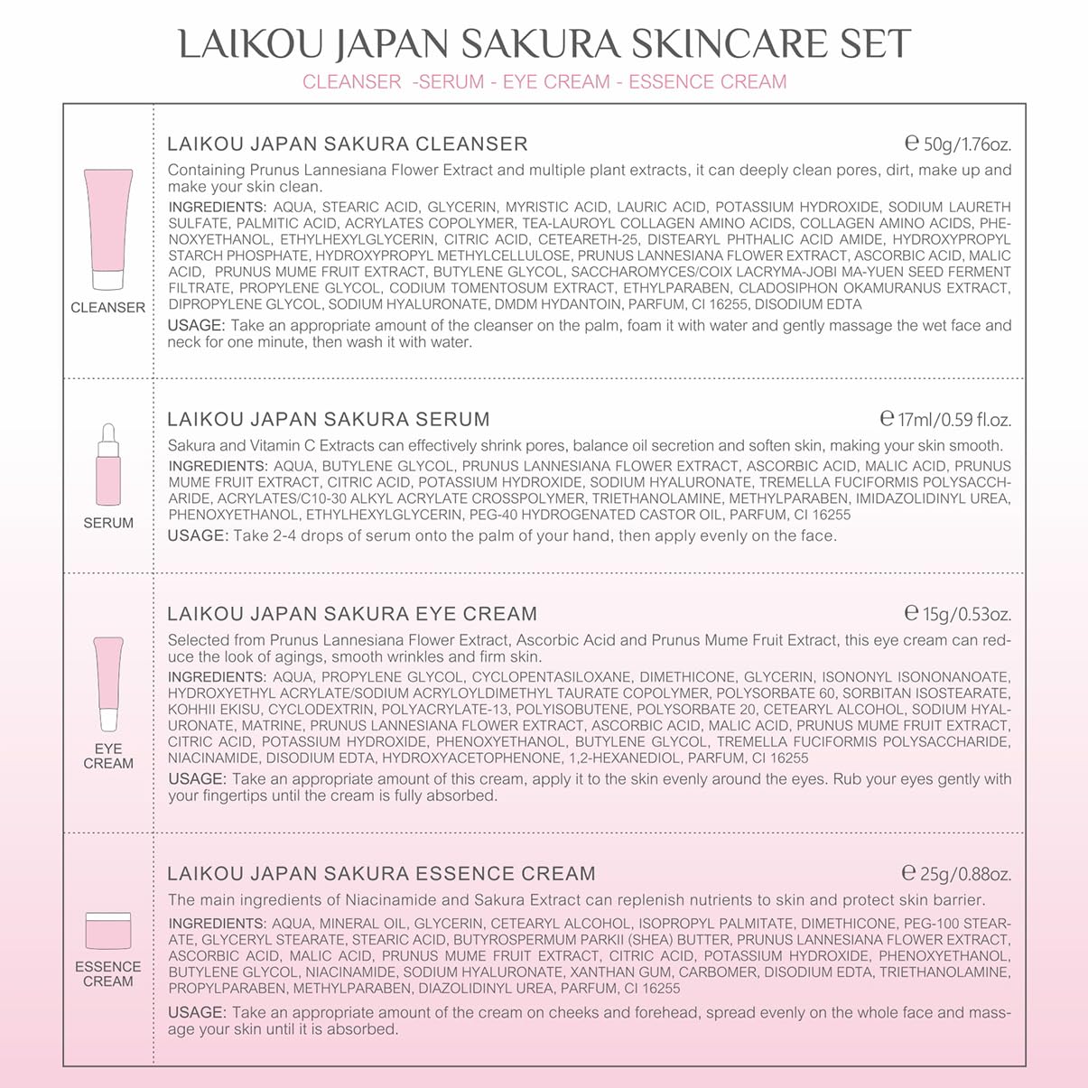 LAIKOU SkinCare Gift Set, JAPAN SAKURA Skin Care Sets & Kits with Cleanser, Face Serum, Eye Cream, Face Cream-Facial Gift Kit for Women/Teenage Girls Mom Daughter Birthday TSA-friendly Sizes 4pcs