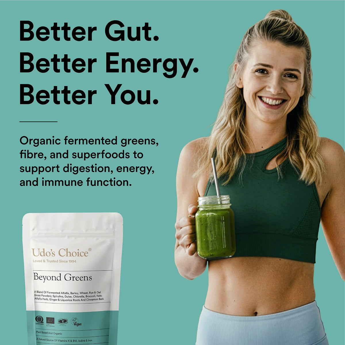 Greens Powder with Barley, Kale, Chlorella & Spirulina – Organic Vegan Superfood for Skin, Gut & Immune Health – High Fibre Detox Support – Udo's Choice Beyond Greens – 16 Servings
