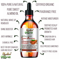 Hydra Naturals 100% Pure Sweet Almond Oil 120ml, Cold Pressed & Natural, for Hair, Skin, Face & Nails, Moisturising, Anti-Ageing, Fast Absorbing, Carrier Oil for Massage & Aromatherapy, UK Made