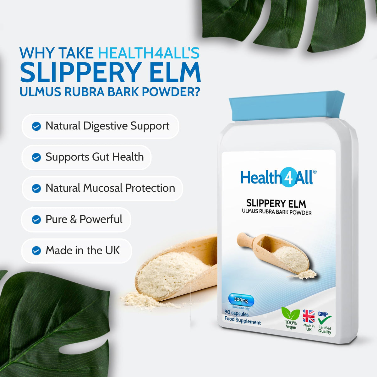 Health4All Slippery Elm 300mg 90 Capsules, Digestive Health & Acid Reflux Support. Vegan Digestive Support Supplement, Ulmus Rubra Inner Bark Powder, Stomach Soothe, Gluten Free | Made in UK