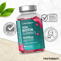 Biotin Gummies for Teens | 60 Count | Natural Strawberry Flavour | 10,000ug of Biotin to Support Hair & Skin Health | High Strength Vegan Supplement | by Horbaach