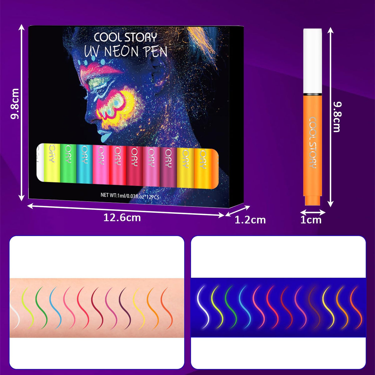 Srumvoat 12 Colors Neon Face Paint Glow In the Dark Under UV Light For Party Accessories, Festival Body Glow Makeup Eyeliner Pens, Waterproof Quick Drying Long-Lasting Adults Kids Halloween Cosplay Paints