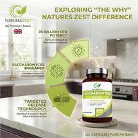 Natures Zest Saccharomyces Boulardii 20 Billion CFU - 120 Capsules | High Strength Prebiotics and Probiotics for Women & Men | Digestion Supplement with Natural Postbiotic Benefits | Vegan | 4 Months Supply