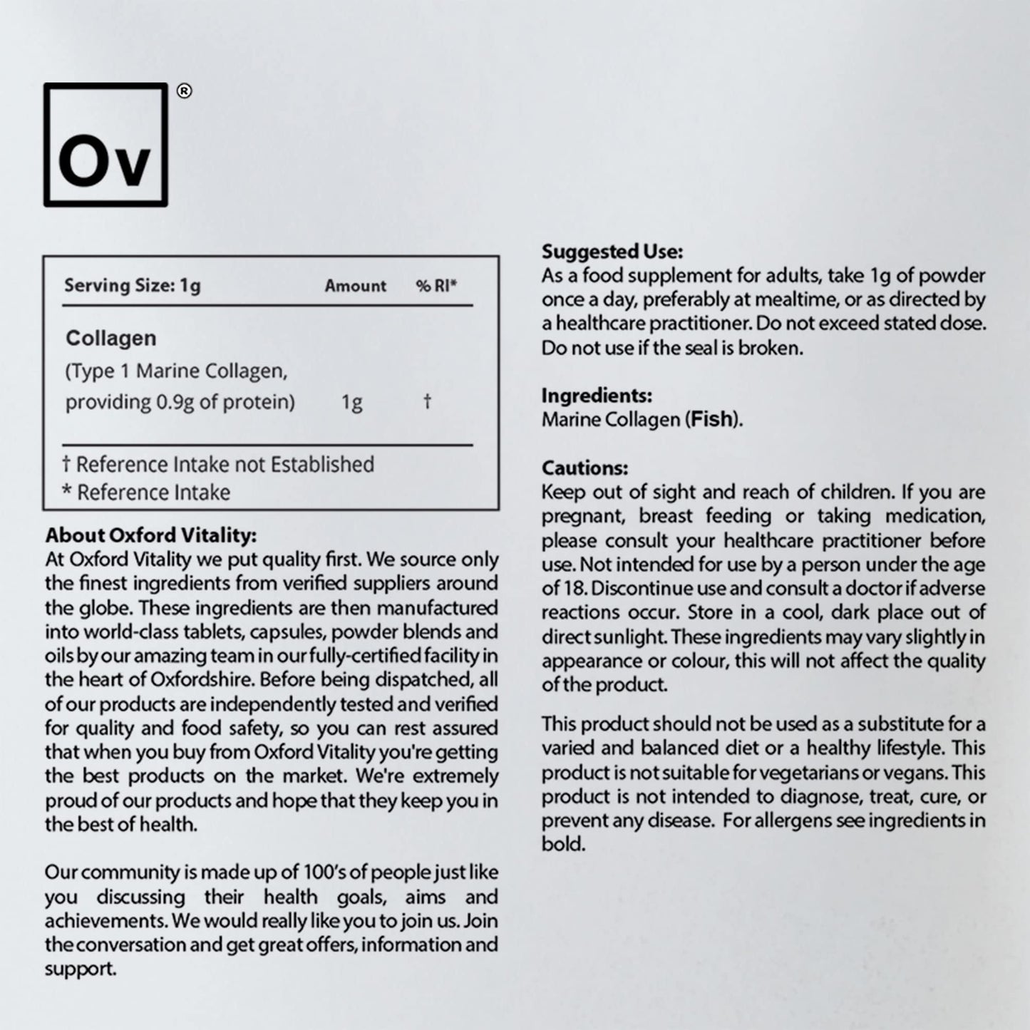 Ov OXFORD VITALITY Marine Collagen Powder 300g | Protein, Skin, Bones, Muscles | Oxford Vitality