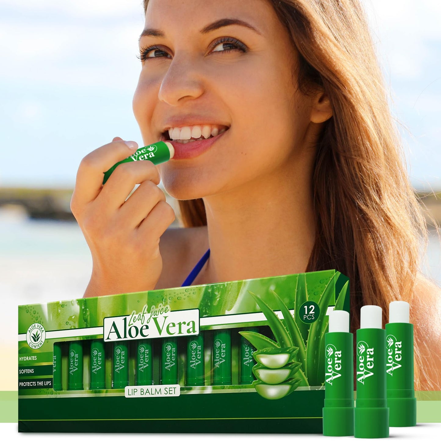Beauty4Britain Set of 12 x Lip Balms Aloe Vera Long Lasting Moisturizing Lip Care Unisex Full Size Display Box UK Beeswax Vitamin E Omega-3