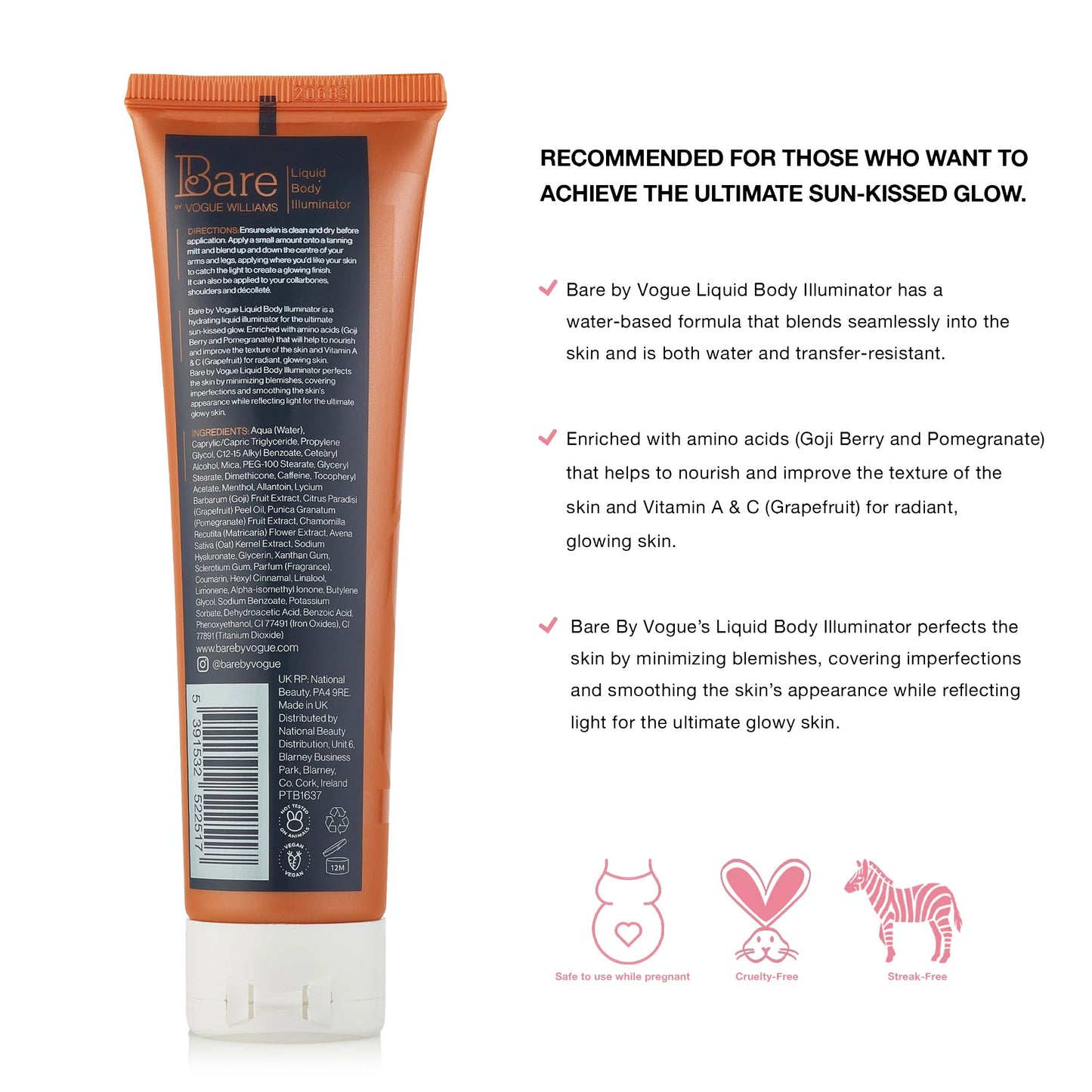 Bare by Vogue Liquid Illuminator, 125ml - Hydrating Body Highlighter for Sun-Kissed Glow - Vegan & Cruelty-Free, Water & Transfer Resistant - Enriched with Amino Acids & Vitamins
