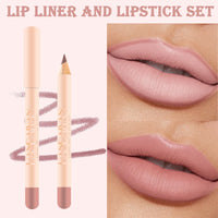 QUIWEN Lip Liner and Lipstick Set,Matte Liquid Lipgloss Highly Pigmented Waterproof Lipstick, Up to 12 Hour Wear, Non-Stick Cup Lip Gloss & Lip Line Pencil Set For Women