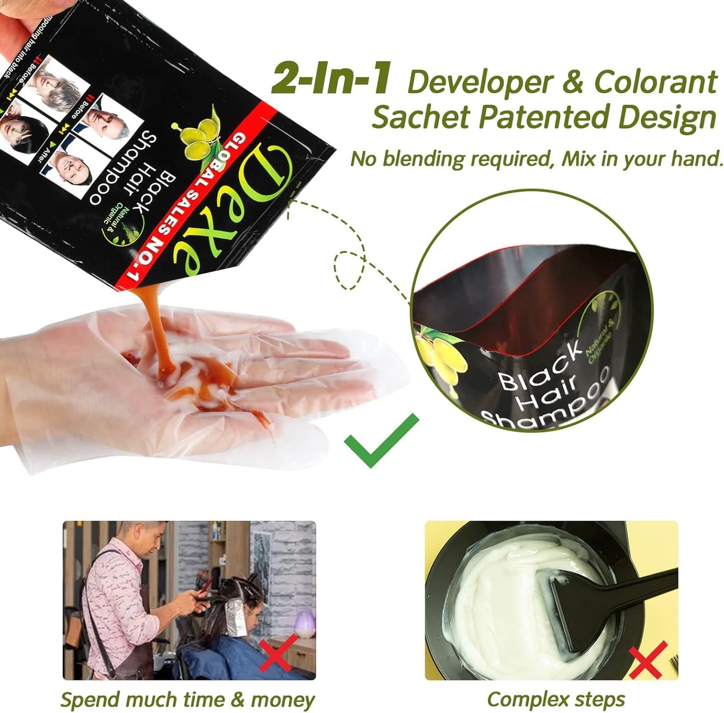 NATUREGURU Black Hair Shampoo Instant Black Natural Ingredients Hair Dye Shampoo Semi-Permanent Black Hair Color Easy to use Long lasting