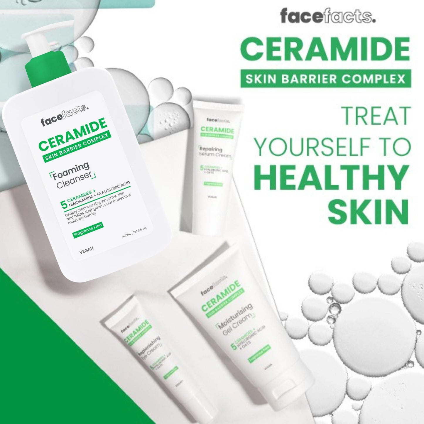 Face Facts Ceramide Foaming Cleanser; Deep cleanses, strengthens, 5 Ceramides plus Niacinamide, moisture locking Hyaluronic Acid; Helps strengthen protective skin barrier; Fragrance free; 400ml