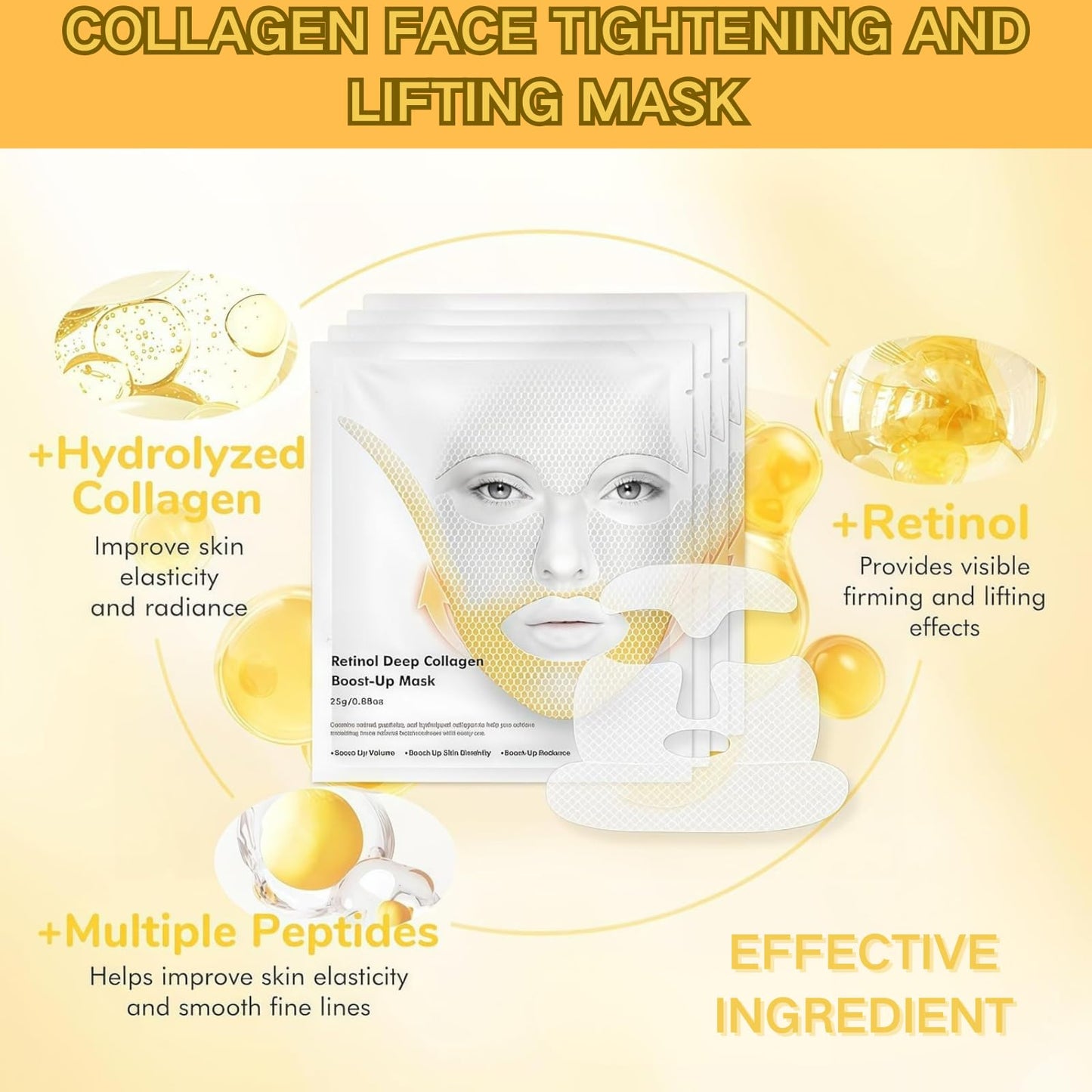 Deep Collagen Retinol Tension Boost Up Mask Set - Korean Face Mask for Face Tightening and Lifting - Collagen Face Mask for V-Line, Smile Line & Forehead Wrinkles, Korean Skincare, 4PCS