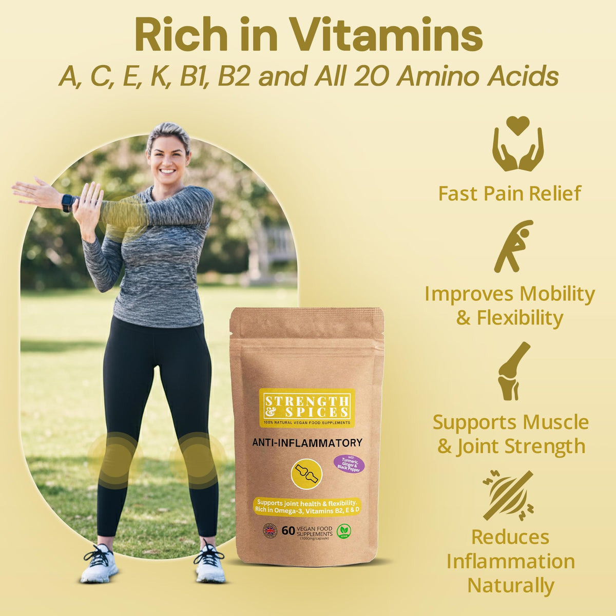 STRENGTH & SPICES100% Natural Vegan Food Supplements Strength & Spices Anti-inflammatory, Muscle and Joint Care Supplements for Mobility and Recovery, Turmeric Capsules with 28 Powerful Ingredients, Vegan and All-Natural, 1000mg, 60 Capsules, Refill