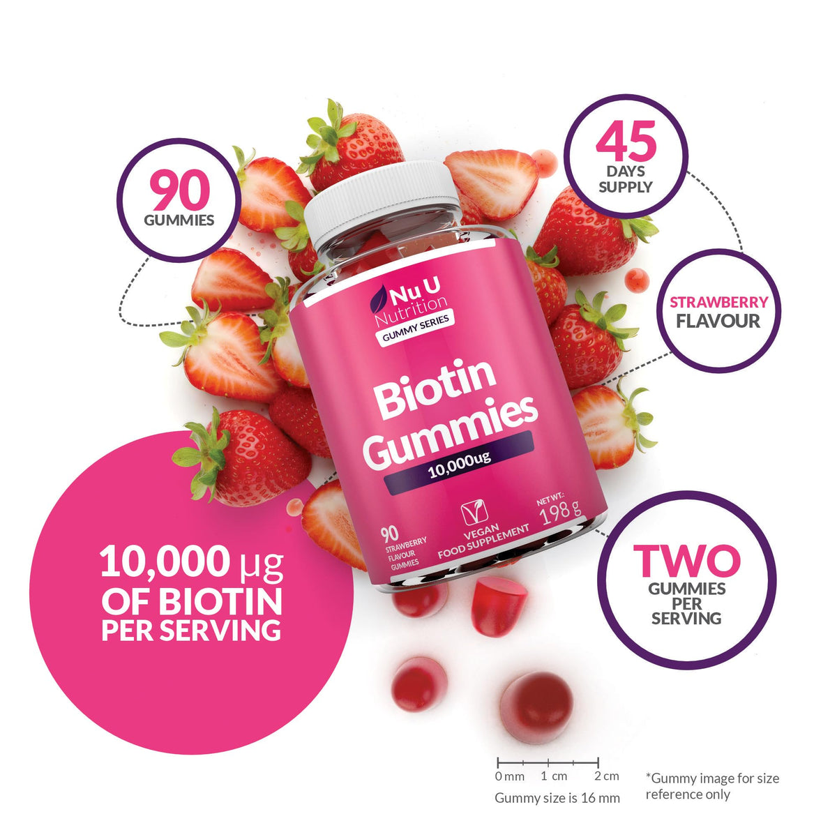 Biotin Hair Gummies 10,000mcg - 90 Vegan Gummies - Delicious Strawberry Flavour - Chewable Vitamin B7 Hair Vitamins - Gelatine Free - Made in the UK - Nu U Nutrition