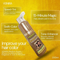 "VEINIRA Herbal Quick Hair Colour Shampoo: Effortless Instant Dye for Men and Women, 100% Natural Ingredients, No Ammonia, No Skin Stains, Speedy Application - 200ml (Medium Brown)