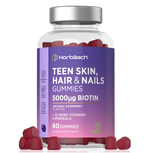 Horbäach Hair Skin Nail Gummies for Teens | 60 Count | Raspberry Flavour | 5000ug of Biotin for Hair Growth | with Folic Acid, Inositol, Choline & More | Suitable for Vegans | by Horbaach