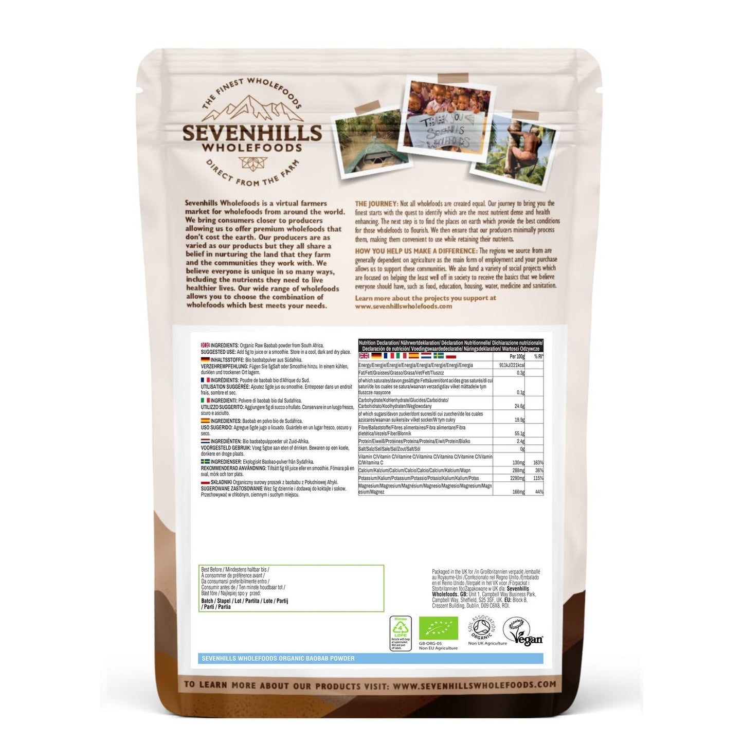 Sevenhills Wholefoods Organic Raw Baobab Powder 500g, Wild-Harvested in Africa